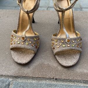 Cole Haan women’s Gold Braided T-Strap Heels with Amber Accents. Used. Size 7